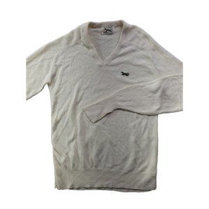 Vintage JCPenny The Fox Sweater Women's M Cream Logo V-Neck Knit 100% Acrylic LS